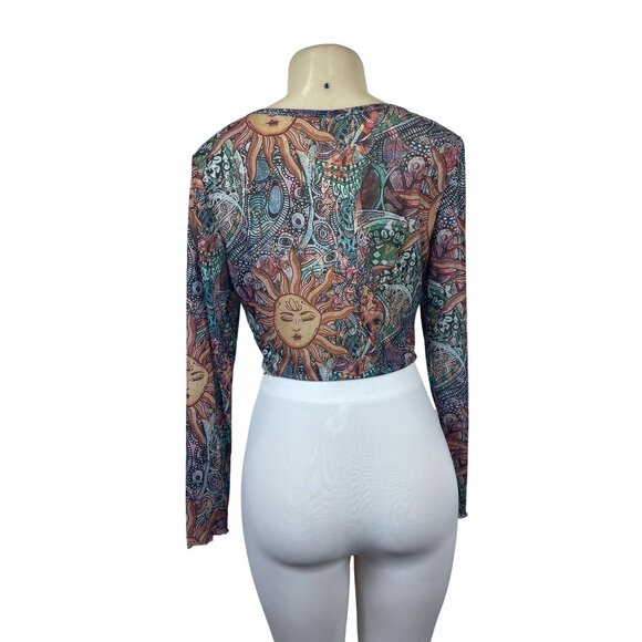 Women's Multicolored Sheer Round Neck Sun Moon Print Blouse Sz L - Picture 3 of 5